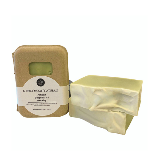 Artisan Soap Bar 2 with box and naked bars displayed with Bubbly Moon Naturals' cigar band label