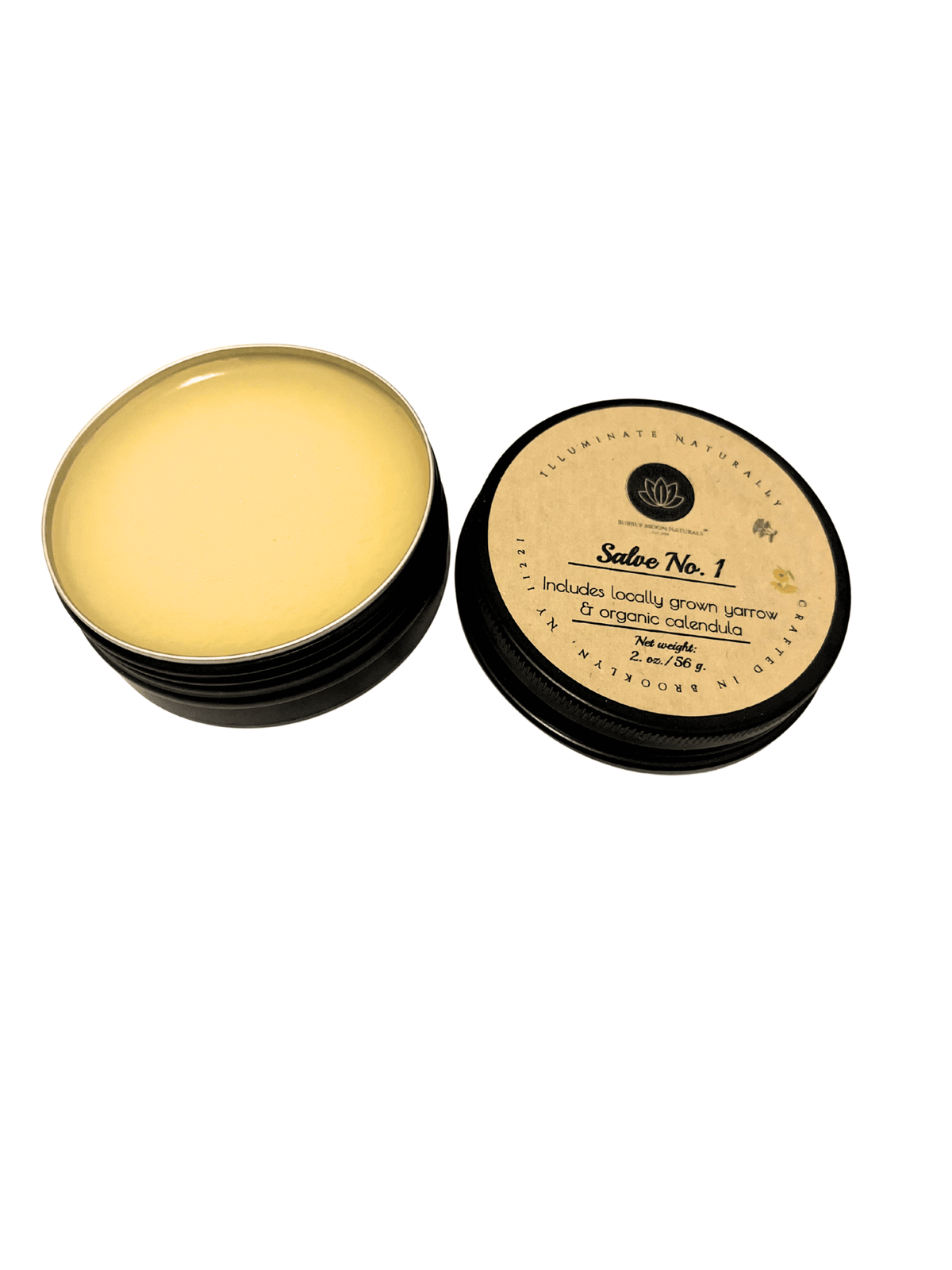 solid balm in black tin with texture shown and top off to the right with key ingredients and title Salve No. 1 with locally grown yarrow & organic calendula 